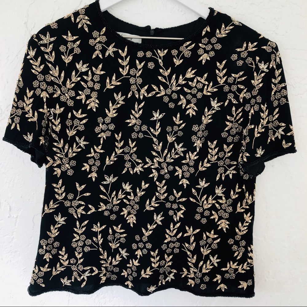 Pappel Boutique Gold & Black Floral Beaded Top